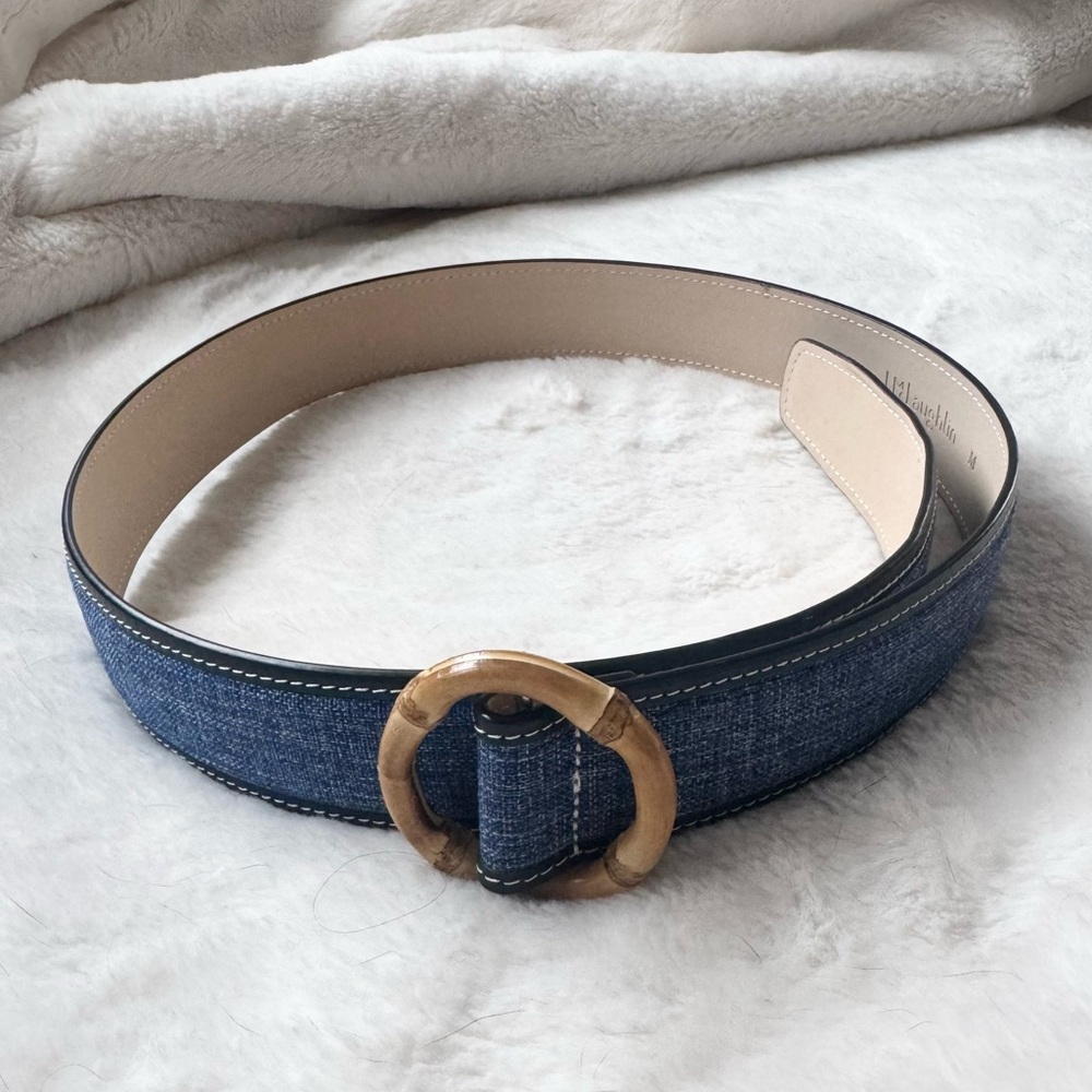 J. McLaughlin Dixie Linen Woven Belt Denim Blue with Bamboo Buckle - Picture 2 of 6